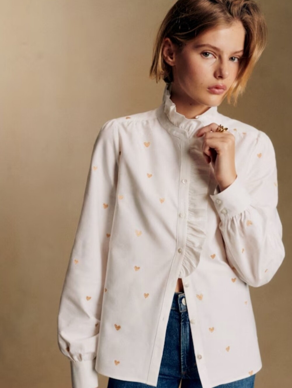 Sezane Ruffled High-Neck White Heart Print Blouse